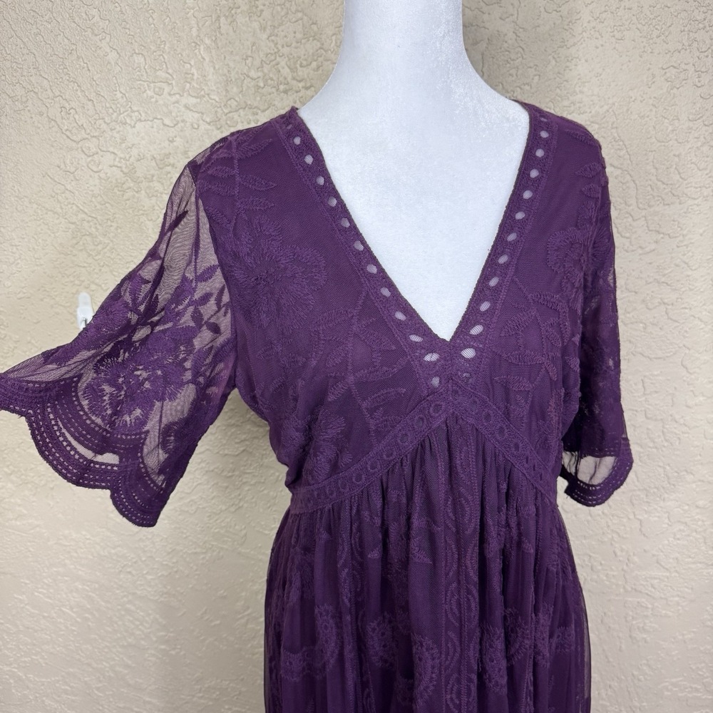 Pink Blush Lace Maxi Dress Womens Sz L Burgundy Wine Sheer Mesh Regency Romantic